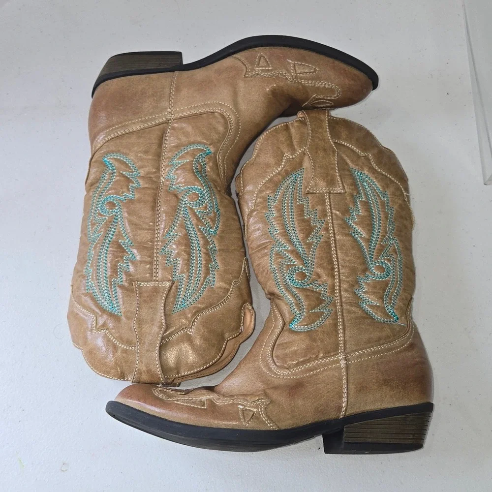 Flex West Liberty Kids Tan Western Cowgirl Boots Teal Embroidery Size 2M AB252